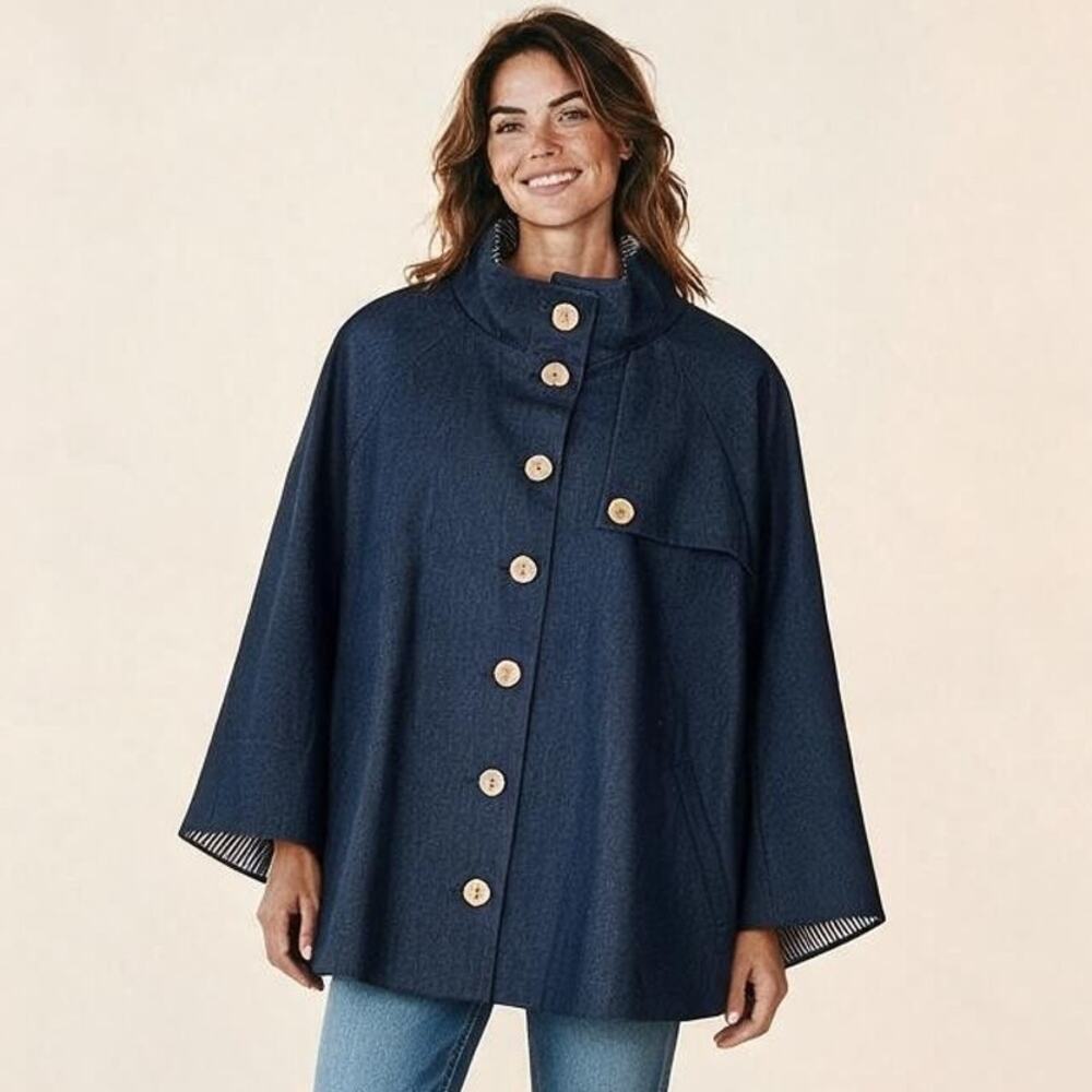 Chico's Elise Denim Poncho Cape - One Size chambray S M L XL coastal nautical